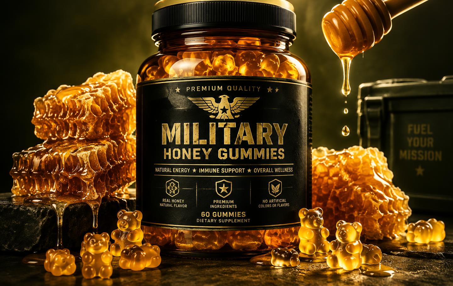 Military Honey Gummies jar with honeycomb, honey dipper and golden gummies